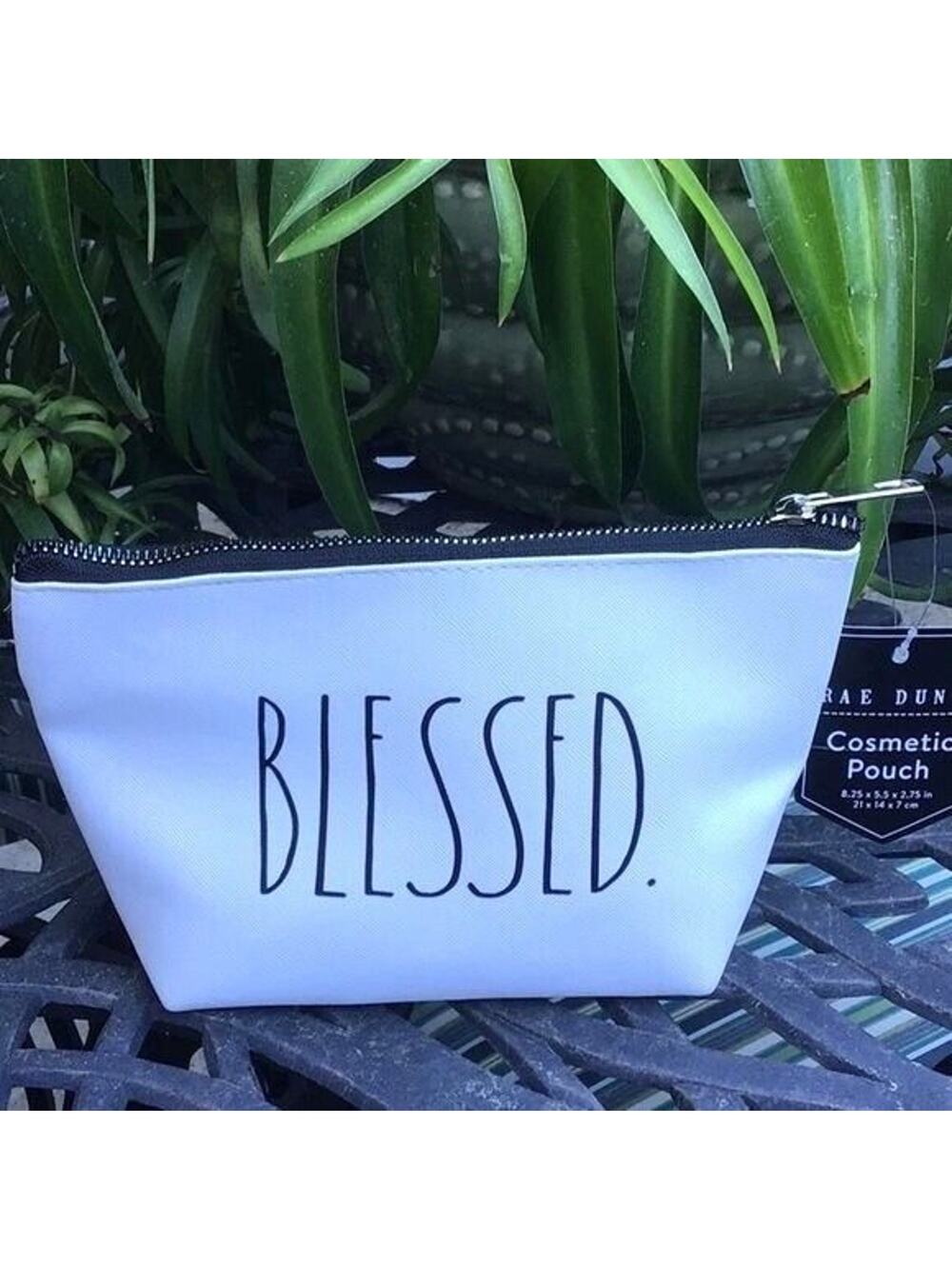 Rae Dunn “BLESSED” Inscribed Womens Cosmetics Pouch Bag White. 8" x 5" x 2.5"